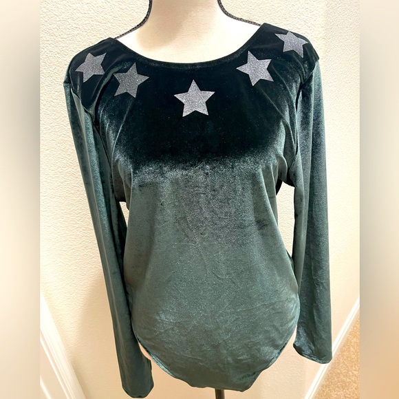 Victoria's Secret Sport Green Velvet Thong Bodysuit Glitter Stars-SZ L~NWOT - Picture 3 of 6